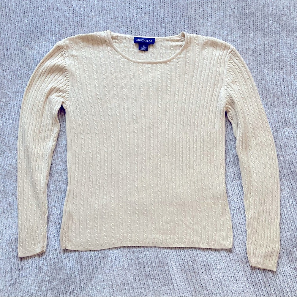 Ann Taylor Butter Yellow Cable Knit Sweater Size Medium Silk Gold Classic Office